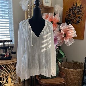 H&M White Gauzy Cotton Popover Long Sleeve Peasant Top